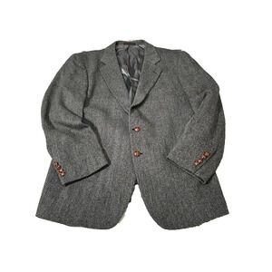 English Manor‎ Mens Pure Wool Blazer Wood Buttons Herringbone Lined Gray Sz 42 L